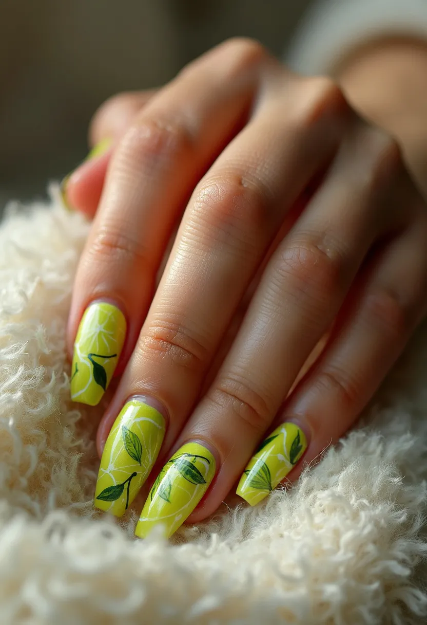 The  nail  design  features  a  yellow  base  with  green  leaves  painted  on  the  nails.  The  nails  are  shaped  in  a  square  shape,  and  the  nail  treatment  appears  to  be  acrylic.  The  design  is  unique  and  creative,  showcasing  a  blend  of  yellow  and  green  colors  to  create  a  visually  appealing  and  eye-catching  look.