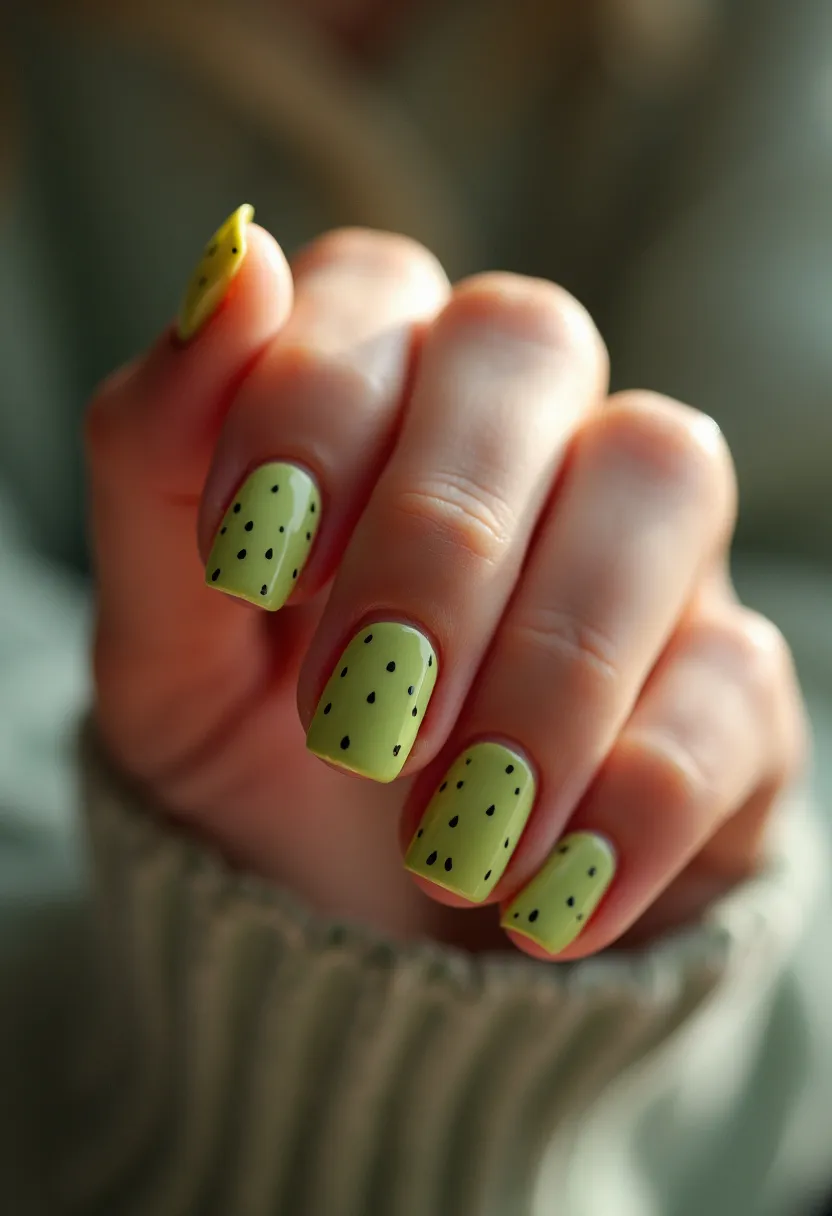 The  nail  design  features  a  green  nail  polish  with  white  polka  dots  on  the  fingernails.  The  nails  are  shaped  in  a  natural,  rounded  shape.  The  polish  appears  to  be  a  gel-based  treatment,  providing  a  smooth  and  long-lasting  finish.  The  combination  of  the  green  polish  and  white  polka  dots  creates  a  fresh  and  playful  look,  suitable  for  spring  or  summer  seasons  or  as  a  fun,  unique  design  for  any  occasion.