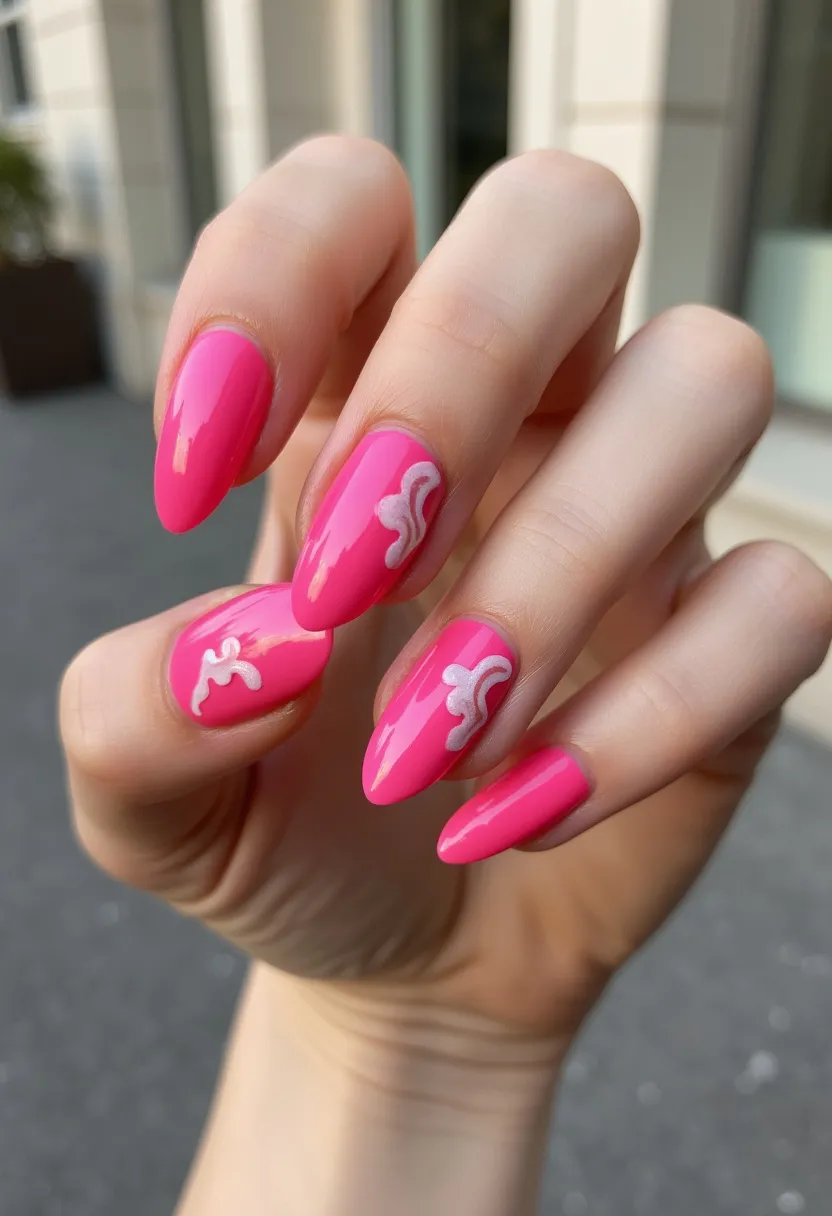 The  nail  design  features  pink  nails  with  a  white  swirl  pattern  painted  on  them.  The  nails  are  long  and  have  a  pointed  shape.  The  nail  treatment  used  is  gel,  which  is  a  popular  choice  for  creating  intricate  and  long-lasting  nail  art.  The  swirl  pattern  adds  a  unique  and  eye-catching  touch  to  the  overall  design.