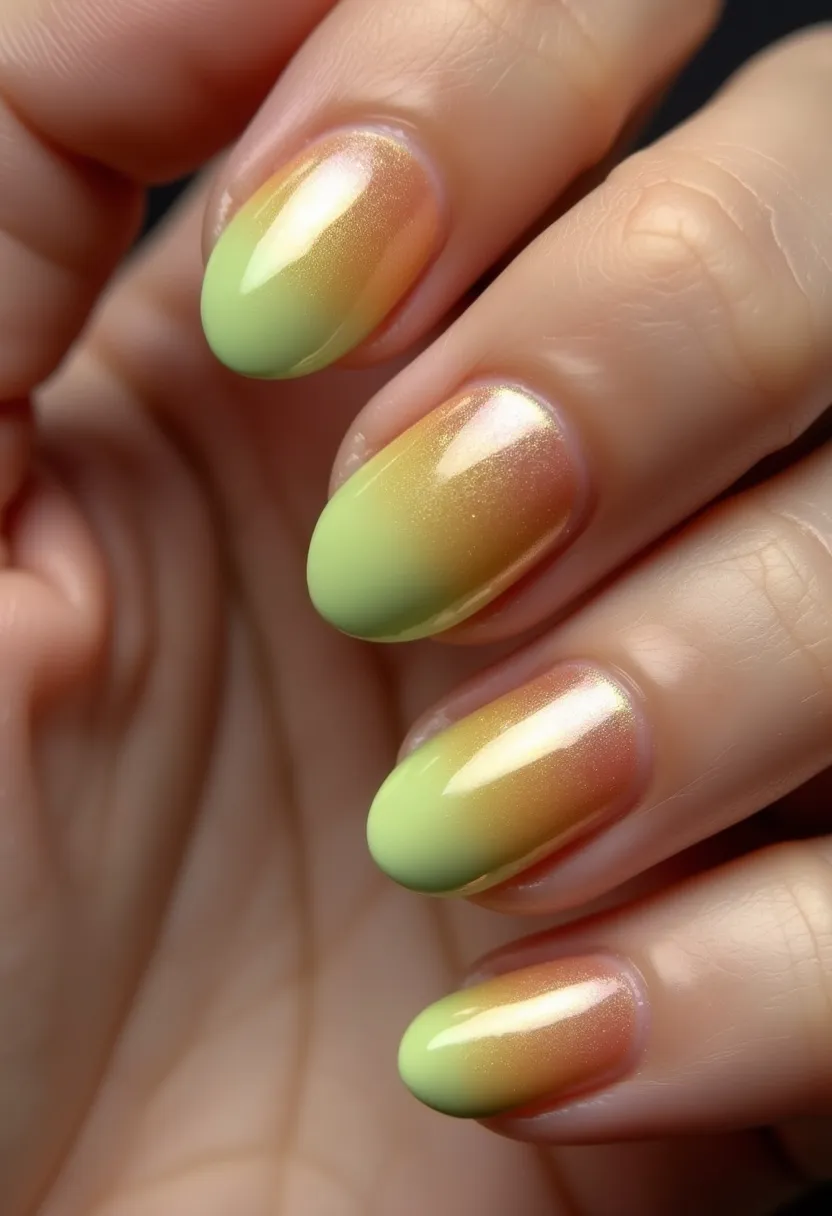 The  nail  design  features  a  colorful  palette  with  a  combination  of  green,  yellow,  and  pink.  The  nails  are  long  and  have  a  slightly  curved  shape.  The  nail  treatment  appears  to  be  a  gel  manicure,  which  gives  the  nails  a  smooth  and  shiny  finish.  The  colorful  design  creates  a  vibrant  and  eye-catching  look,  making  it  a  unique  and  creative  choice  for  a  nail  art  design.