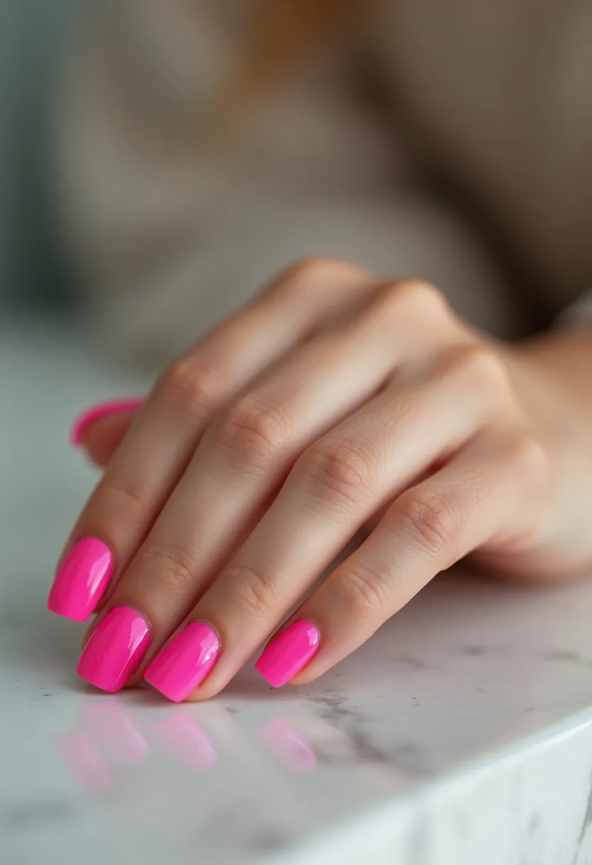 The  nail  design  features  a  pink  nail  color  palette,  with  the  nails  being  shaped  in  a  square  shape.  The  nails  are  painted  with  a  pink  polish,  giving  them  a  vibrant  and  feminine  appearance.