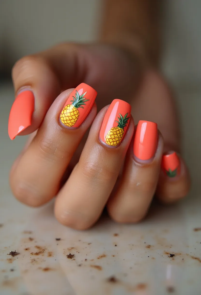 The  nail  design  features  a  pink  and  orange  color  palette,  with  a  pineapple  pattern  on  the  nails.  The  nails  are  shaped  in  a  square  shape,  and  the  nail  treatment  appears  to  be  acrylic.  The  pineapple  decorations  add  a  unique  and  fun  touch  to  the  overall  design.