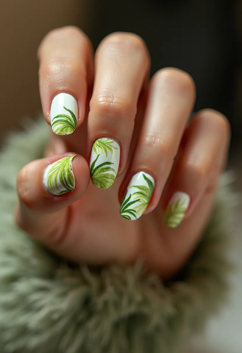 The  nail  design  features  a  white  base  with  green  and  yellow  accents.  The  nails  are  painted  with  a  combination  of  green  and  yellow  stripes,  creating  a  unique  and  eye-catching  pattern.  The  nails  are  shaped  in  a  square  shape,  adding  a  modern  touch  to  the  design.  The  nail  treatment  appears  to  be  a  gel  or  acrylic,  providing  a  long-lasting  and  durable  finish.  The  combination  of  white,  green,  and  yellow  colors  gives  the  nails  a  fresh  and  summery  vibe,  making  it  a  perfect  choice  for  a  seasonal  or  special  occasion.