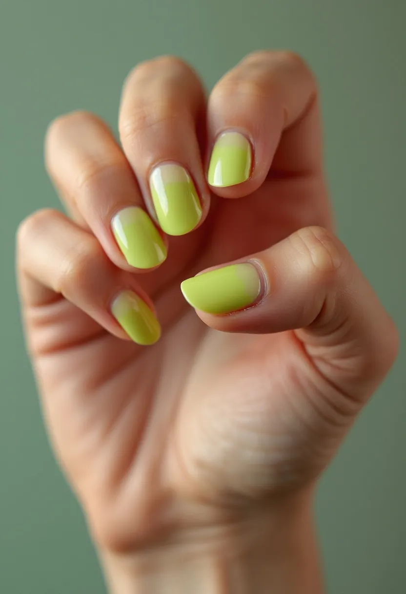 The  nail  design  features  a  neon  green  nail  polish  on  the  fingernails,  giving  them  a  bright  and  vibrant  appearance.  The  nails  are  shaped  in  a  natural,  oval  shape.  The  nail  treatment  used  is  gel,  which  provides  a  long-lasting  and  smooth  finish.  The  design  is  simple  and  eye-catching,  making  it  a  great  choice  for  a  fun  and  bold  look.