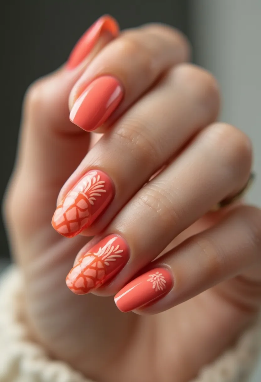 The  nail  design  features  a  pink  nail  color  with  a  white  pineapple  pattern  painted  on  the  nails.  The  nails  are  shaped  in  a  natural,  rounded  shape,  and  the  nail  treatment  appears  to  be  a  gel  or  acrylic  nail.  The  pineapple  pattern  adds  a  unique  and  tropical  touch  to  the  overall  design,  making  it  a  fun  and  creative  choice  for  a  nail  art  design.