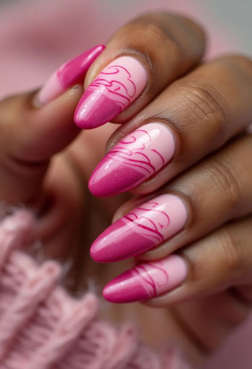 The  nail  design  features  a  pink  base  color  with  white  accents,  creating  a  visually  appealing  contrast.  The  nails  are  shaped  in  a  long,  pointed  style,  which  is  a  popular  choice  for  many  people.  The  nail  treatment  used  is  acrylic  nails,  which  provide  a  durable  and  long-lasting  finish.  The  intricate  patterns  on  the  nails  add  a  unique  and  eye-catching  touch  to  the  overall  design.