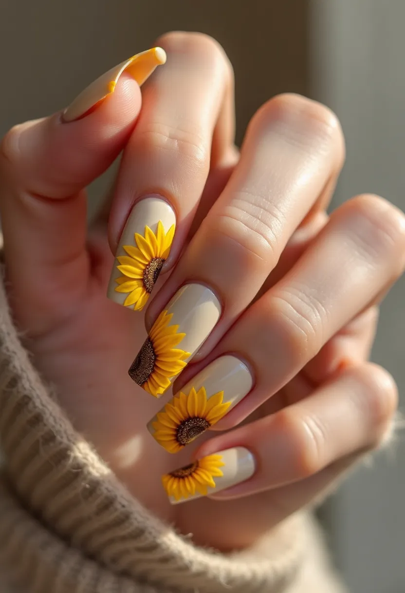 This nail design features an aesthetically pleasing and vibrant sunflower theme. The nails are medium length and shaped into a squared tip. The color palette primarily consists of a soft, muted beige base with striking yellow sunflowers that pop against the neutral background. Each nail showcases a detailed sunflower with rich brown centers and bright yellow petals, creating a cheerful and nature-inspired look. The design appears to be meticulously hand-painted, indicating a professional gel or acrylic treatment to ensure durability and a glossy finish. The sunflower motif evokes a summery feel, making this design perfect for the warm season or as a way to bring a bit of sunshine to any time of the year.