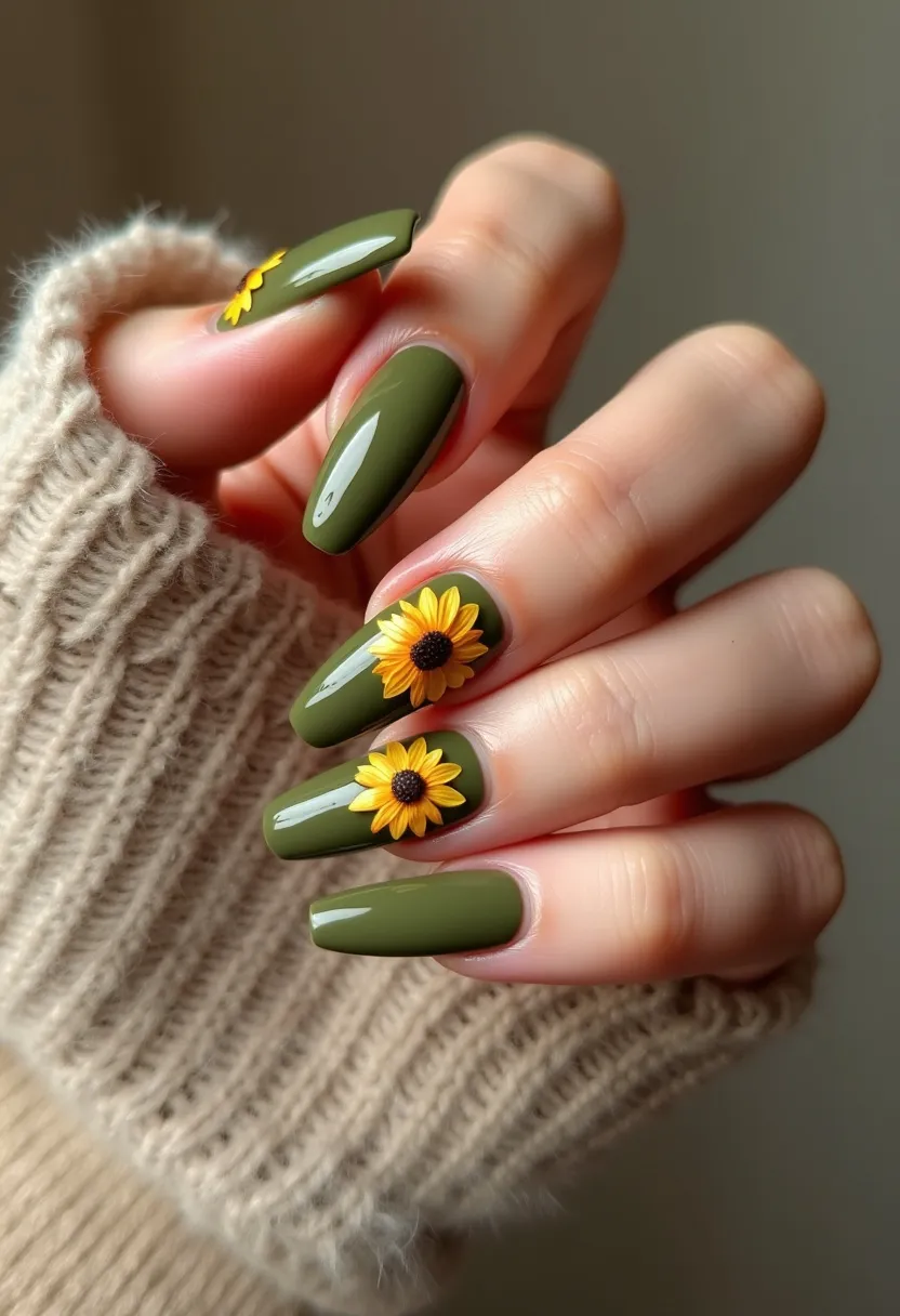 The nail design features a sleek, glossy olive green color palette, with nails shaped in a medium-length coffin style. The focal points of the design are the intricate sunflower decorations placed on the ring and middle fingers, which provide a vibrant contrast to the deep green base. The sunflowers are meticulously detailed with bright yellow petals and a brown center, adding a three-dimensional effect. The type of nail treatment appears to be gel, given the high-shine and durable finish. This design leans towards a summery or early autumn theme, ideal for celebrating the beauty of nature during these seasons. The combination of earthy tones and floral accents creates a harmonious, elegant look.