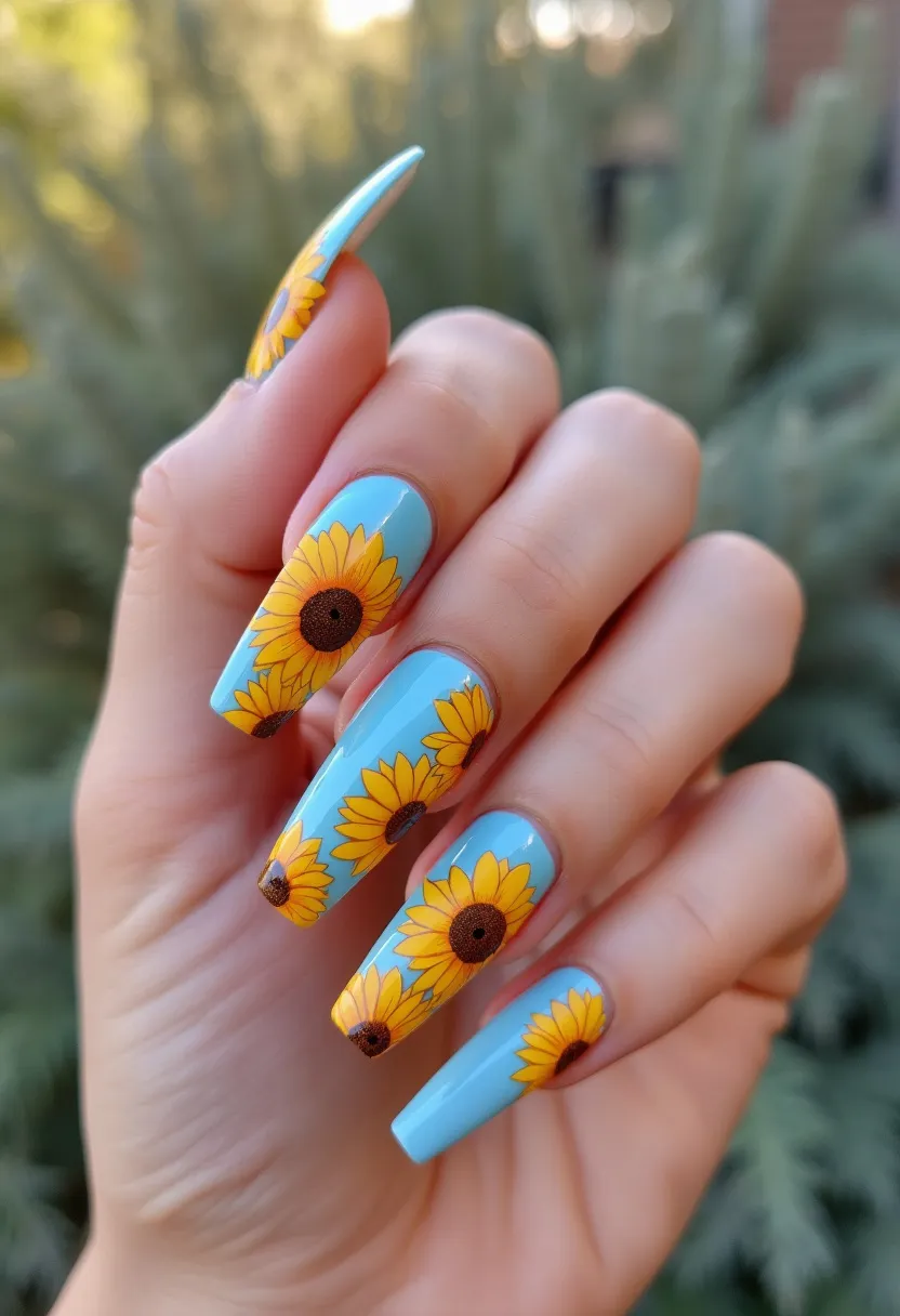 The nail design features an elegant palette with a primary color of sky blue serving as the base. Each nail showcases a vibrant sunflower pattern, enhancing the summer or late spring theme, making it suitable for warm weather seasons or celebratory occasions such as outdoor weddings and festivals. The nails are shaped in a long coffin style, which adds a dramatic and stylish flair to the overall look. The intricate sunflower designs, with rich yellow petals and dark brown centers, are meticulously applied, suggesting a professional treatment, likely gel or acrylic to maintain the smooth and glossy finish and the durability of the detailed artwork. This design stands out with its bright, cheerful aesthetics and precision in detail, making it a striking choice for anyone looking to make a statement with their nail art.