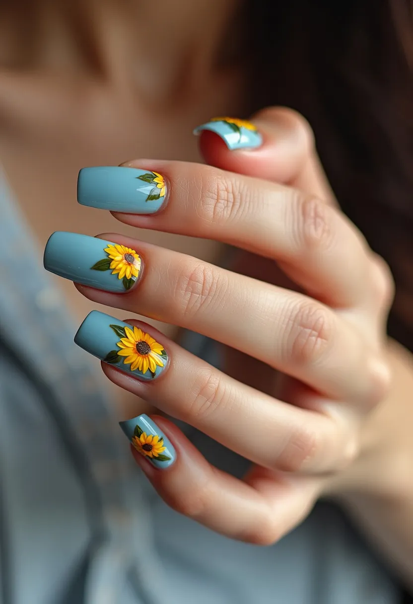 This nail design features a sophisticated color palette with a soft, calming blue as the base color. The nails are shaped in a long, square style, providing ample space for detailed artwork. Each nail is adorned with intricately painted sunflowers, showcasing vibrant yellow petals, a brown center, and green leaves, adding a touch of natural beauty and warmth. The precise, glossy finish indicates a high-quality gel manicure, ensuring durability and a sleek appearance. The sunflower motif gives a seasonal, summery feel to the design, perfect for bright, sunny days or to add a splash of cheerfulness to any occasion.