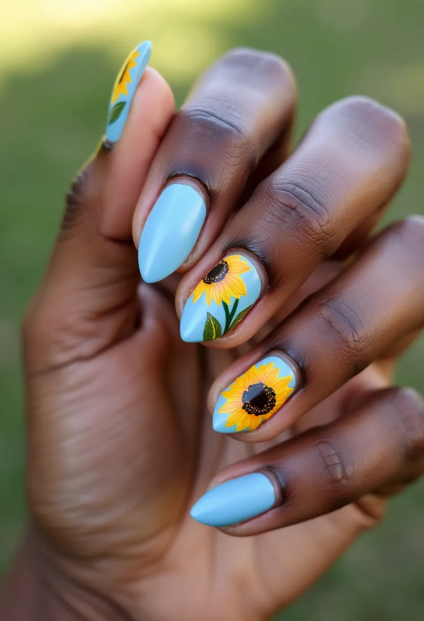 This nail design features a beautiful light blue color palette, with the nails shaped in a slightly rounded almond form. The design includes intricate sunflower patterns on two of the nails, where the bright yellow petals and central brown seeds are detailed with green leaves, creating a striking and lively floral motif. The sunflowers are evidently symbolic of a summer or spring theme, adding a touch of seasonal vibrancy to the overall look. It appears that a gel treatment was used to achieve this smooth, glossy, and durable finish. The artistic detailing highlights a sophisticated and cheerful aesthetic, making it suitable for special occasions or simply to celebrate the sunny seasons.