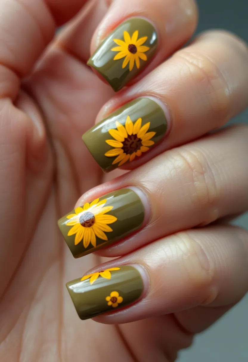 This nail design showcases a charming, earthy color palette featuring a base coat of olive green. The nails are shaped into a practical square form, providing a neat and structured appearance. Each nail is adorned with intricate sunflower patterns that highlight vibrant yellow petals and brown centers, standing out vividly against the green backdrop. The decoration suggests the use of refined hand-painting techniques, enhancing the organic and natural aesthetic. The glossy finish hints at a gel or shellac treatment, offering a durable and shiny appearance. The sunflowers add a fresh and sunny element, making this design suitable for late summer or early fall, evoking a warm and cheerful sentiment ideal for seasonal transitions or casual gatherings.