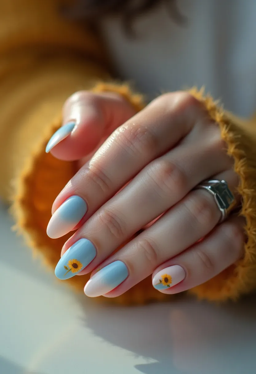 The nail design features an almond-shaped silhouette with a pastel color palette predominantly showcasing soft blue and white hues. Each nail is meticulously coated, suggesting the use of either gel or shellac polish, showcasing a glossy and smooth finish. The index and ring fingers sport a gentle blue color, while the middle and pinky fingers transition into a delicate off-white shade. Notably, the design includes intricate sunflower motifs on the middle and pinky nails, introducing a summertime or springtime theme, evoking a fresh, cheerful, and slightly rustic aesthetic suitable for a seasonal or casual special occasion. The sunflowers are detailed with a yellow-orange color, complemented by green leaves, enhancing the overall uniqueness and charm of this nail art.