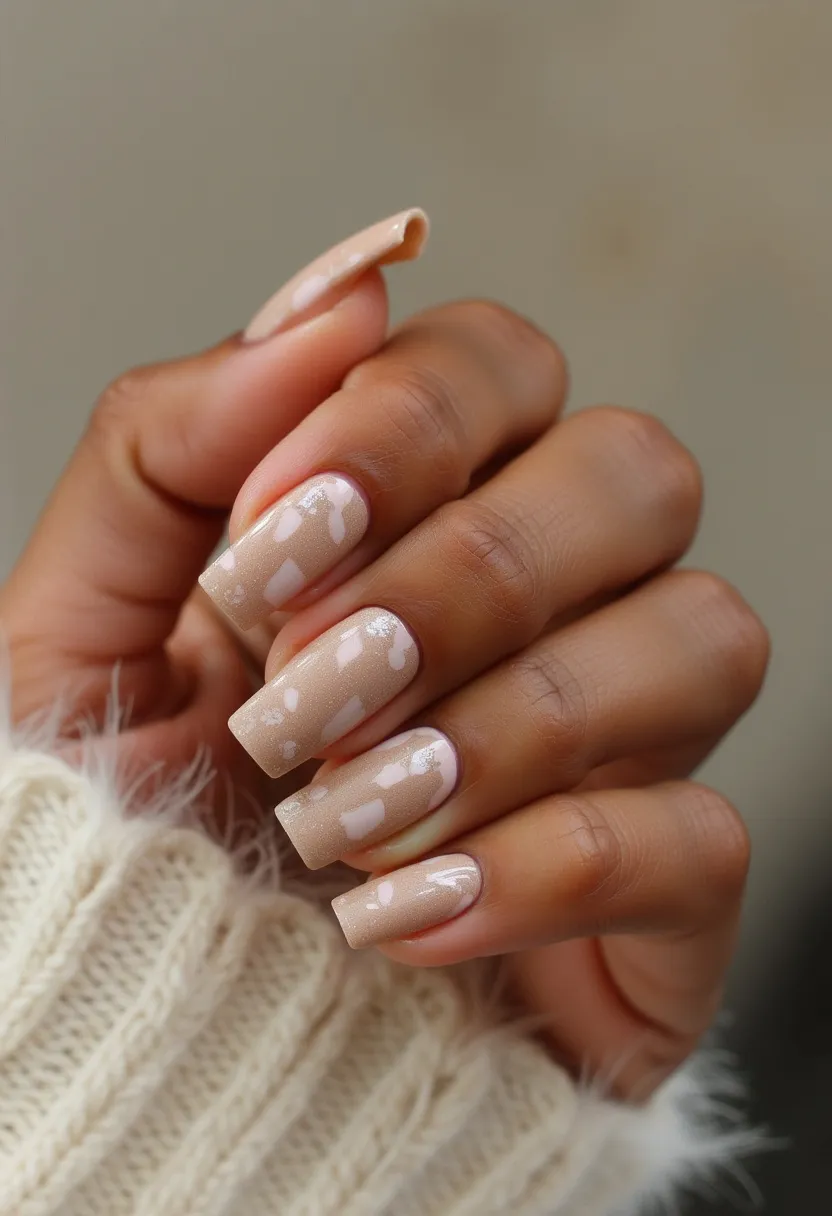 The nail design features a color palette dominated by soft nude tones with subtle white accents. The nails are crafted in a square shape, which adds a modern and sophisticated touch to the overall look. The pattern consists of irregular white spots scattered across the nails, creating a stylish and artistic effect. This design could be achieved through a gel or acrylic nail treatment, offering both durability and a polished finish. The neutral colors and delicate patterns make this nail art suitable for a variety of occasions, including professional settings, casual outings, and seasonal transitions, especially favoring the cold season with its understated elegance.