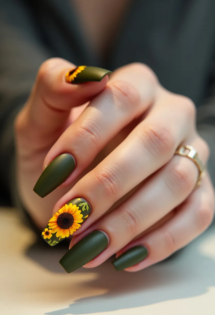 This nail design features a predominantly olive green matte color palette across all the nails. The nails are medium length and have a coffin shape, characterized by a straight edge and slightly tapered sides. The accent nail displays a detailed sunflower design, adding a vibrant yellow and brown contrast to the green base. The sunflower is accompanied by small green leaves, bringing a touch of natural beauty to the design. This intricate pattern is likely created using a combination of gel polish and hand-painting techniques. The overall aesthetic suggests an autumnal theme, perfect for seasonal celebrations or an earthy, nature-inspired look.