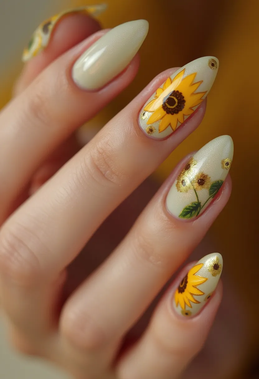 This nail design features a soft, pastel yellow as the base color, complementing the overall aesthetic with a gentle and inviting hue. The nails are shaped into elegant almond tips, providing a refined and elongated appearance. Intricate sunflower patterns adorn the nails, showcasing vibrant yellow petals, dark brown centers, and green leaves, capturing the essence of a summer or early autumn theme. Additional small golden accents and glitter details enhance the design with a touch of glamour and sparkle. The nail treatment appears to be gel-based, ensuring a glossy and durable finish ideal for showcasing the detailed artwork. This look is perfect for seasonal transitions or special occasions celebrating nature and warmth.