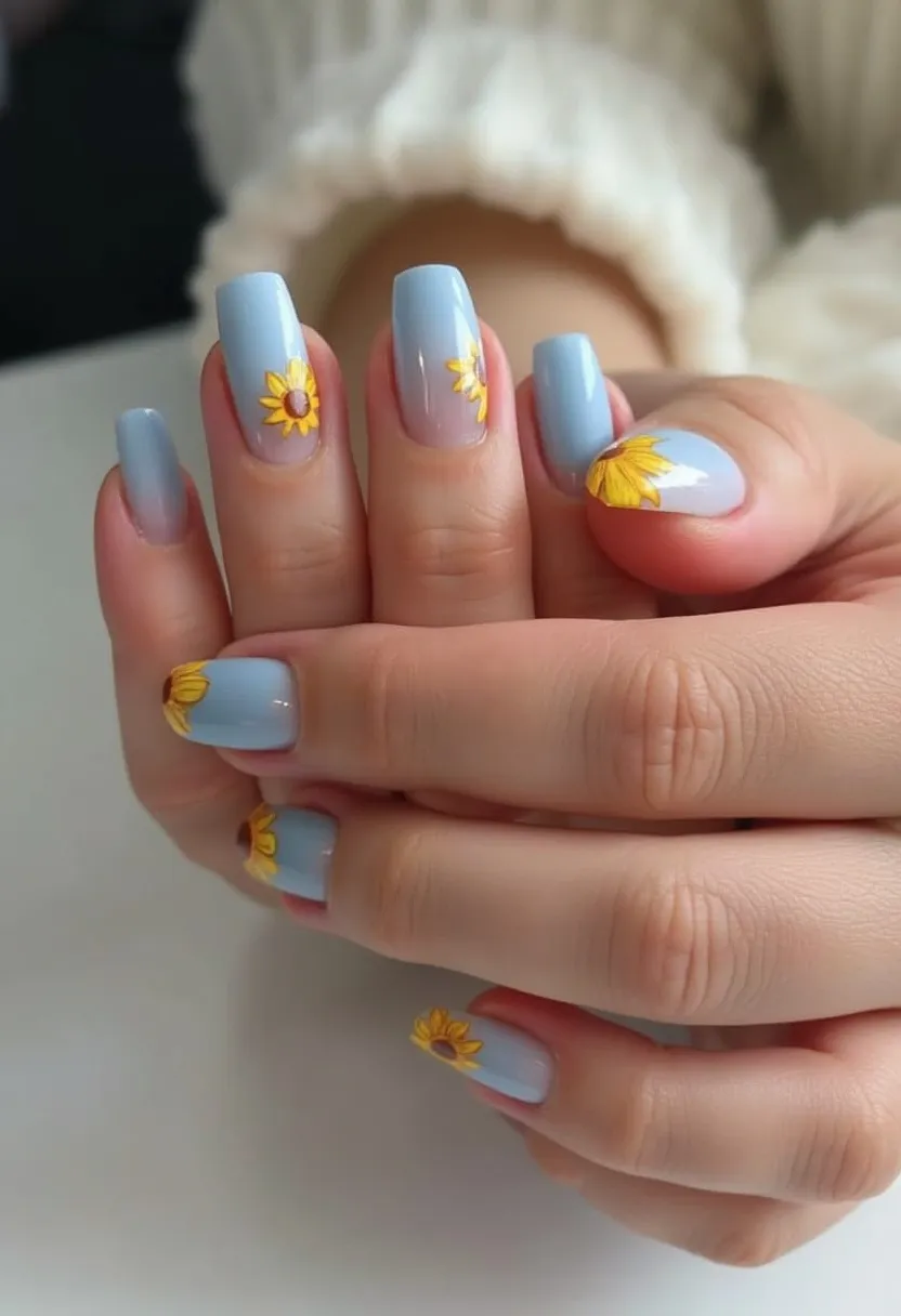 The nail design features a pastel blue color palette with intricate yellow sunflower designs on each nail, creating a fresh and cheerful aesthetic. The nails are medium-length and squared with slightly rounded edges, which enhances the elegance of the design. The sunflower motifs are detailed, with yellow petals and a brown center, adding a vibrant contrast against the soft blue background. This nail treatment appears to be gel, given the high-gloss finish and smooth, even application. The sunflower designs make this a suitable style for spring or summer, evoking a warm and sunny feel perfect for these seasons. The design is both playful and elegant, making it suitable for casual outings and special occasions alike.