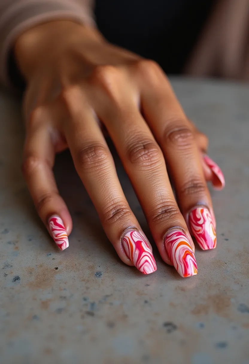 The nail design features a vibrant color palette dominated by red and orange swirls intermingled with white, creating a striking marbled effect on each nail. The nails are medium length with a coffin shape, which adds to their stylish and modern appearance. The intricate patterns of the nails showcase a skilled application, likely done using nail lacquer or gel polish, due to the smooth and glossy finish. The swirling patterns provide a dynamic and eye-catching look, making the design suitable for a special occasion or festive event. The overall composition reflects a playful yet sophisticated vibe, making it a versatile choice for both casual and formal settings.