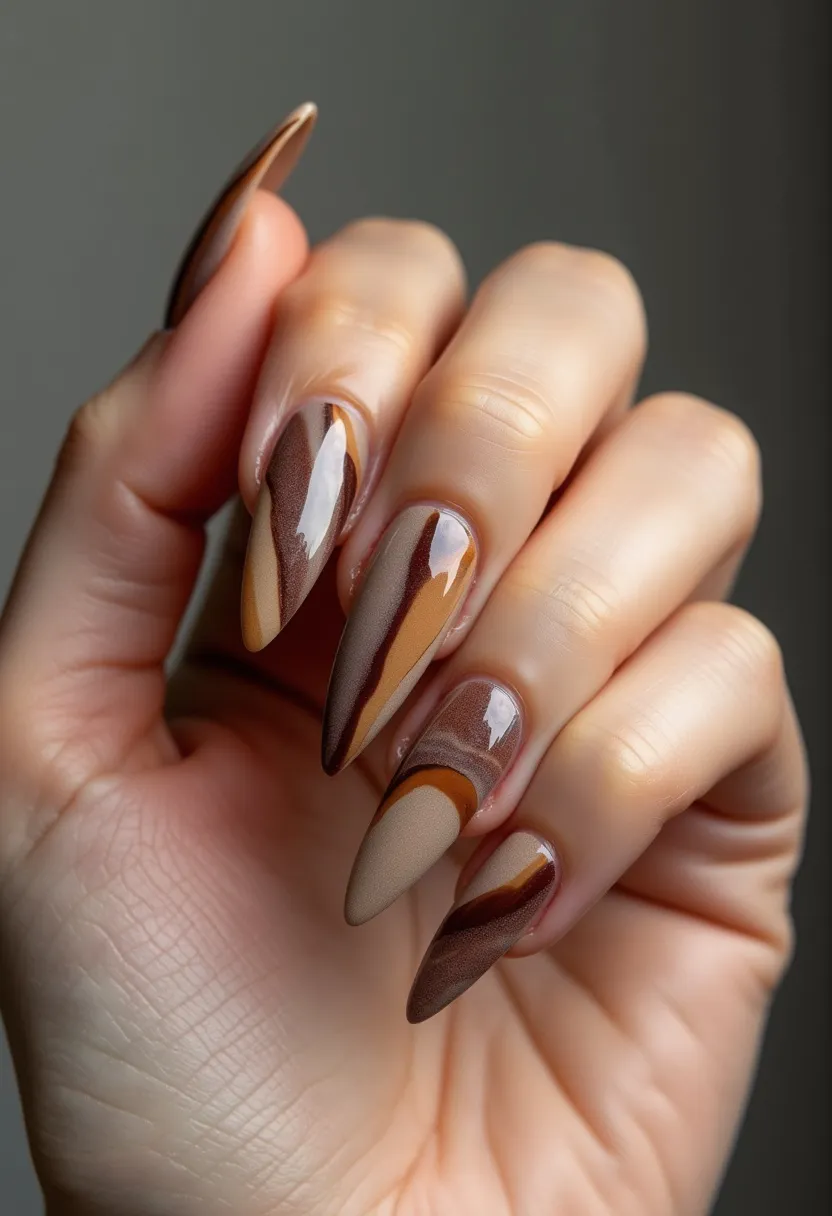 The nail design showcases a sophisticated and earthy color palette featuring shades of brown, beige, and burnt sienna. The nails are almond-shaped and boast a smooth, pointed finish. They display an intricate marbled pattern, with the different hues blending seamlessly to create fluid, wave-like designs. The glossy finish indicates a gel treatment, offering a sleek and polished appearance. The combination of earthy tones and the elegant marbling makes these nails suitable for fall or autumn themes, reflecting the warm and cozy colors of the season.