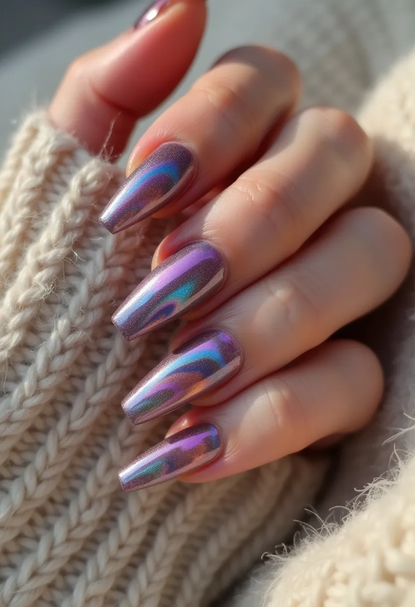 The nail design features a stunning, iridescent holographic finish that reflects multiple colors, primarily purple with undertones of blue, pink, and hints of gold, depending on the light angle. The nails are long with a coffin shape, characterized by squared-off tips and tapered sides, resulting in a chic and elegant look. The intricate design appears to be created using gel polish, known for its glossy, durable finish. This design is unique and eye-catching, making it suitable for special occasions and adding a trendy flair, especially apt for a winter season aesthetic due to the cozy sweater context.