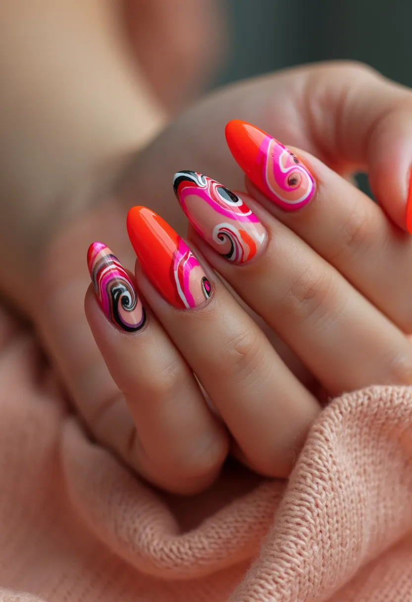 This nail design features a vibrant color palette with hues of bright orange, pink, black, white, and some touches of coral and nude. The nails are almond-shaped, providing an elegant and elongated appearance. Intricate patterns on each nail display swirling, psychedelic designs that mix the various colors in a harmonious yet striking manner. The use of different tones and swirls suggests the nail treatment might be either gel or acrylic, chosen for their ability to hold intricate designs and vibrant colors. Additionally, some nails feature tiny, embedded studs or gems, adding a touch of sparkle and dimension to the overall look. The bold, warm colors and playful patterns suggest a design perfect for summer or festive occasions, giving a lively and energetic vibe.