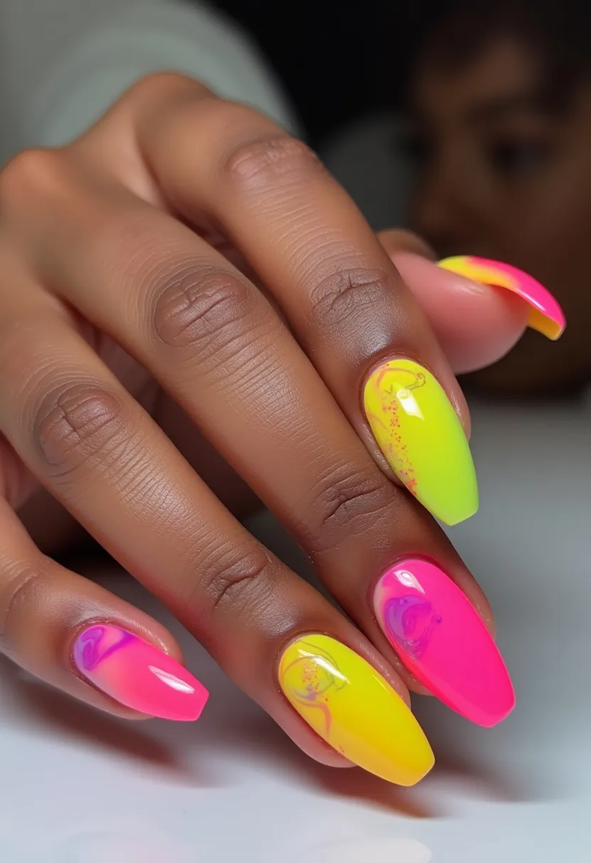 The nail design features a vibrant color palette consisting of fluorescent pink, neon yellow, and bright green shades. The nails are sculpted into a coffin shape, providing a modern and stylish appearance. Each nail is decorated with intricate patterns that blend the colors seamlessly, creating a dynamic and eye-catching look. Swirls and marbling effects are notable, particularly on the ring and index fingers, which incorporate both predominant hues. This design appears to use a gel treatment, lending the nails a glossy and smooth finish. The colors and patterns suggest a fun and playful theme, possibly inspired by summer or festival seasons, making it an ideal choice for lively and energetic occasions.