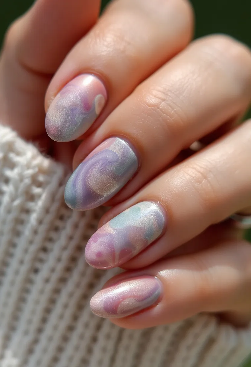 The nail design showcases a delicate and dreamy color palette featuring soft pastels like lavender, pink, baby blue, mint green, and hints of peach in a marbled pattern. The nails are shaped into an elegant almond style, enhancing the sophisticated look. The intricate marble pattern creates a fluid, swirled effect that blends the colors seamlessly, giving a soft and ethereal appearance. The nails appear to have a shiny, reflective finish, suggesting the use of gel or possibly shellac treatment which ensures durability and a high-gloss outcome. The overall design is subtle yet artistic, making it suitable for a spring or summer seasonal theme, or special occasions like weddings or formal events where a touch of elegance is desired.