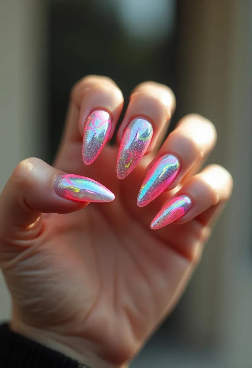 The nail design features long, almond-shaped nails treated with a likely combination of both gel and acrylic methods to achieve a durable and glossy finish. The color palette predominantly showcases iridescent and shimmering hues, including shades of pink, blue, and lavender, creating a holographic effect. Intricate patterns include swirls and abstract designs in various neon-like shades, contributing to a vibrant and dynamic appearance. This nail design has a futuristic and playful vibe, making it potentially well-suited for festive occasions or celebrations.