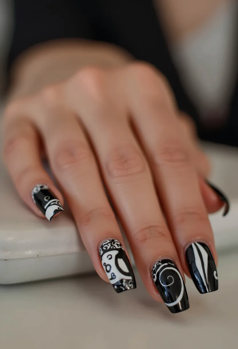 The nail design showcases a monochromatic palette predominantly featuring black and white hues. The nails are of a long, square shape, providing a substantial canvas for intricate artwork. The design includes a variety of elegant patterns, including swirls, abstract curves, and paisley-inspired motifs, all seamlessly integrated into the black base color. Some nails feature bold, contrasting white sections, adding a touch of modernity to the overall look. The finish suggests a gel or acrylic treatment, promoting a glossy, durable appearance. This sophisticated and artistically intricate design could be fitting for formal events or special occasions where a touch of elegance is desired.