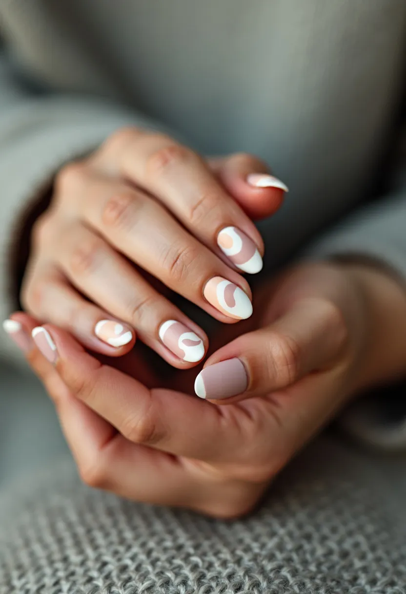 The nail design features a harmonious color palette of white and a soft, muted beige, which is repeated across each nail. The nails are shaped in a rounded oval form, giving them a delicate and elegant appearance. Each nail showcases intricate patterns of large, smooth swirls and curves done in white against the beige base, creating a contemporary and artistic visual. The patterns are unique to each fingernail, adding a touch of individuality to the overall design. This nail treatment appears to be achieved using gel polish, ensuring a glossy and long-lasting finish. The design exudes a modern, minimalist aesthetic, making it suitable for everyday wear, special occasions, or a chic winter look.