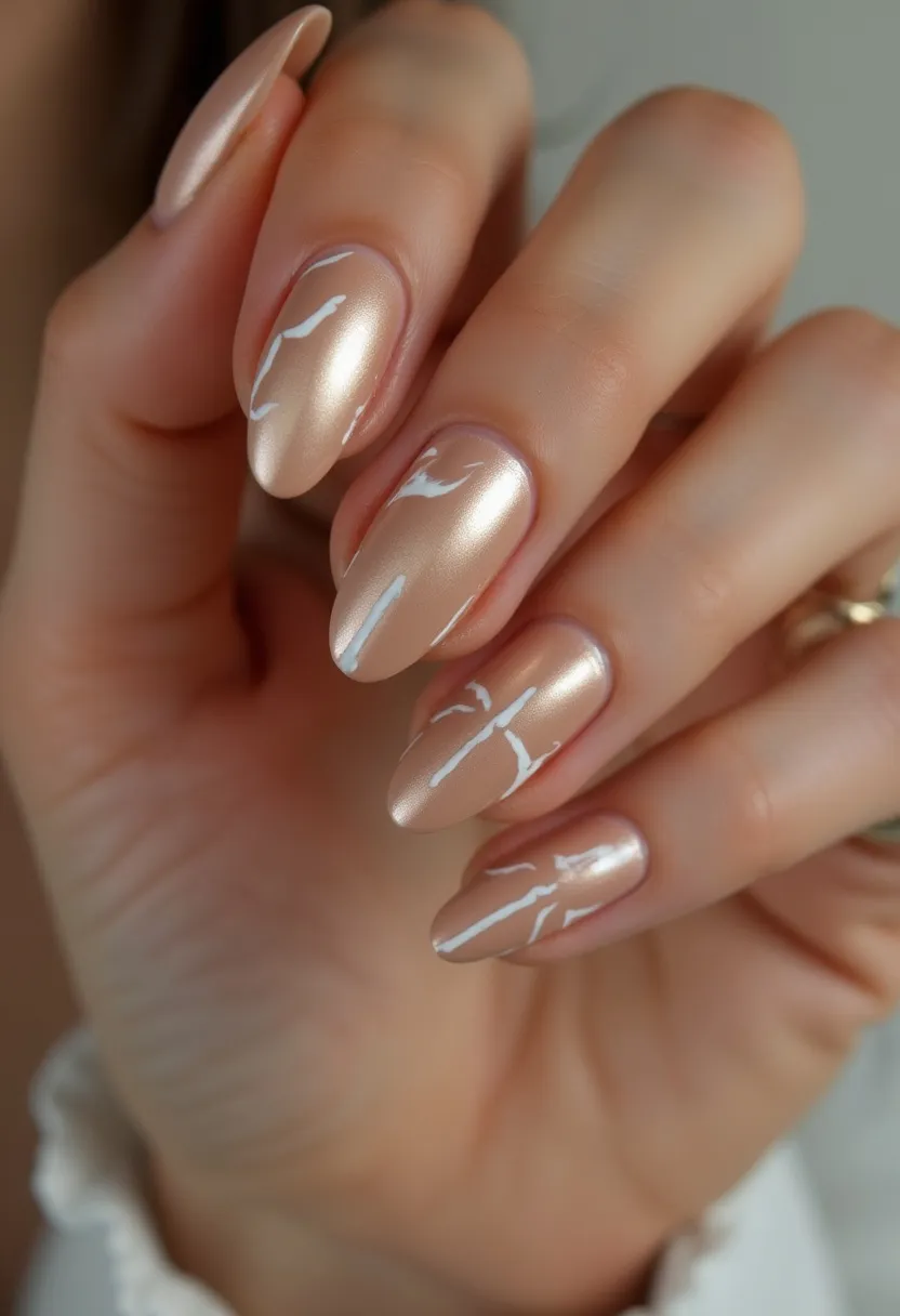 The nail design features a soft, metallic champagne color as the base, exuding a luxurious and sophisticated appeal. The nails are shaped in a moderate almond style, complementing the elegance of the color palette. White, delicate marble-like patterns add an intricate and stylish element to the design, embodying a chic and high-fashion statement. The smooth, glossy finish indicates that the nails have likely undergone gel treatment, providing a durable and polished look. This particular design exudes an understated elegance, making it suitable for special occasions such as weddings or formal events, while the harmonious color combination lends itself well to all seasons.