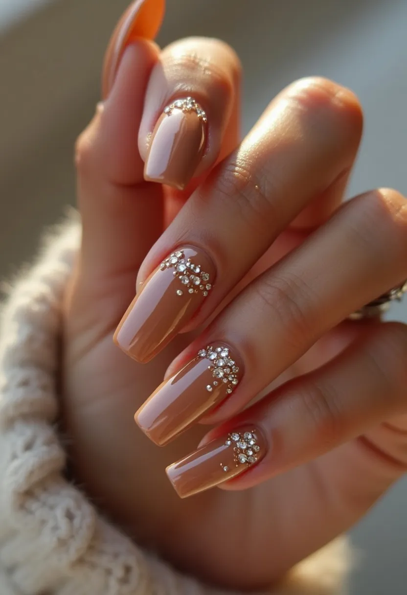 The nail design features a beautiful nude color palette, with a glossy finish that indicates a possible gel or shellac treatment. The nails are shaped in a long, square style, which provides a sophisticated and elegant look. Each nail is intricately decorated with small, sparkling rhinestones near the cuticle, arranged in a crescent pattern that adds a touch of glamour and sophistication. This design is versatile and could suit various special occasions such as weddings, holiday parties, or other celebratory events. The combination of the subtle nude base with the dazzling rhinestones creates a refined yet eye-catching aesthetic, perfect for any season.