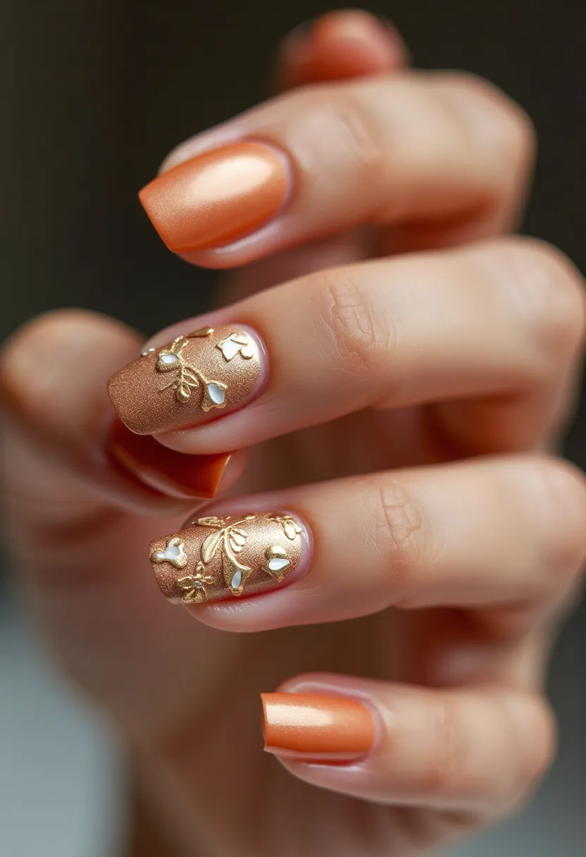 The nail design features a rich, metallic gold palette with a soft sheen that lends an elegant touch. The nails are shaped in a rounded-square form, offering a blend of classic and modern aesthetics. Two accent nails on each hand display intricate, raised floral patterns and leaf motifs in gold, providing a three-dimensional effect that highlights their sophistication. These decorations are likely achieved with acrylic material. The overall design is suitable for special occasions or festive events, such as weddings or holiday parties, due to its luxurious and detailed nature.