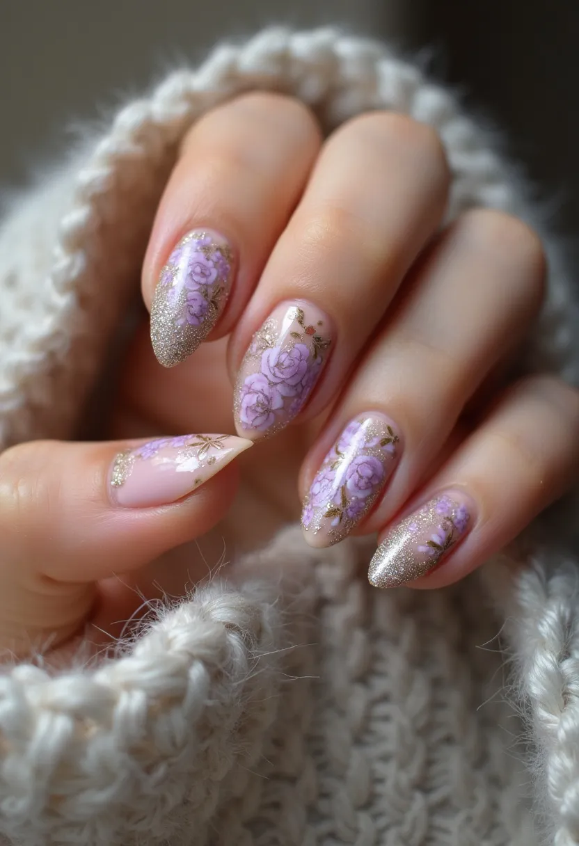 The nail design features an elegant and feminine color palette with soft, pastel lavender as the primary hue, complemented by glittering gold accents. The nails are shaped into a refined almond style, enhancing the overall sophisticated appearance. This manicure showcases intricate floral patterns, with detailed lavender roses delicately adorned with gold leaves on a couple of nails, while others have a full glitter gradient tip that enhances the ornate design. The combination of floral elements and sparkling gold suggests that the nails may have been crafted using a gel or acrylic treatment, given their smooth and polished finish. The design emits a romantic and whimsical vibe, making it perfect for special occasions, such as weddings or seasonal celebrations, particularly in the spring or summer.