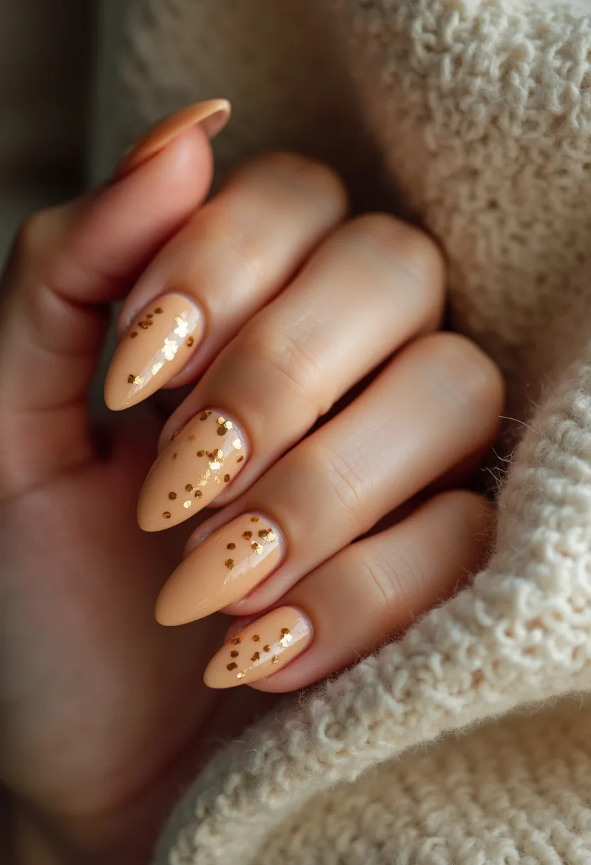 This nail design features a soft, nude-peach color palette, giving a subtle and elegant appearance. The nails are shaped in an almond style, characterized by their slender and slightly pointed tips. On closer inspection, the nails are adorned with small, gold glitter dots dispersed across the surface, adding a touch of sparkle and sophistication. This design looks to be treated with gel polish, offering a glossy and smooth finish. The glitter detail introduces a festive element, making these nails suitable for special occasions or holiday seasons. The overall look is chic and understated, with the glitter providing just enough flair to elevate the style.