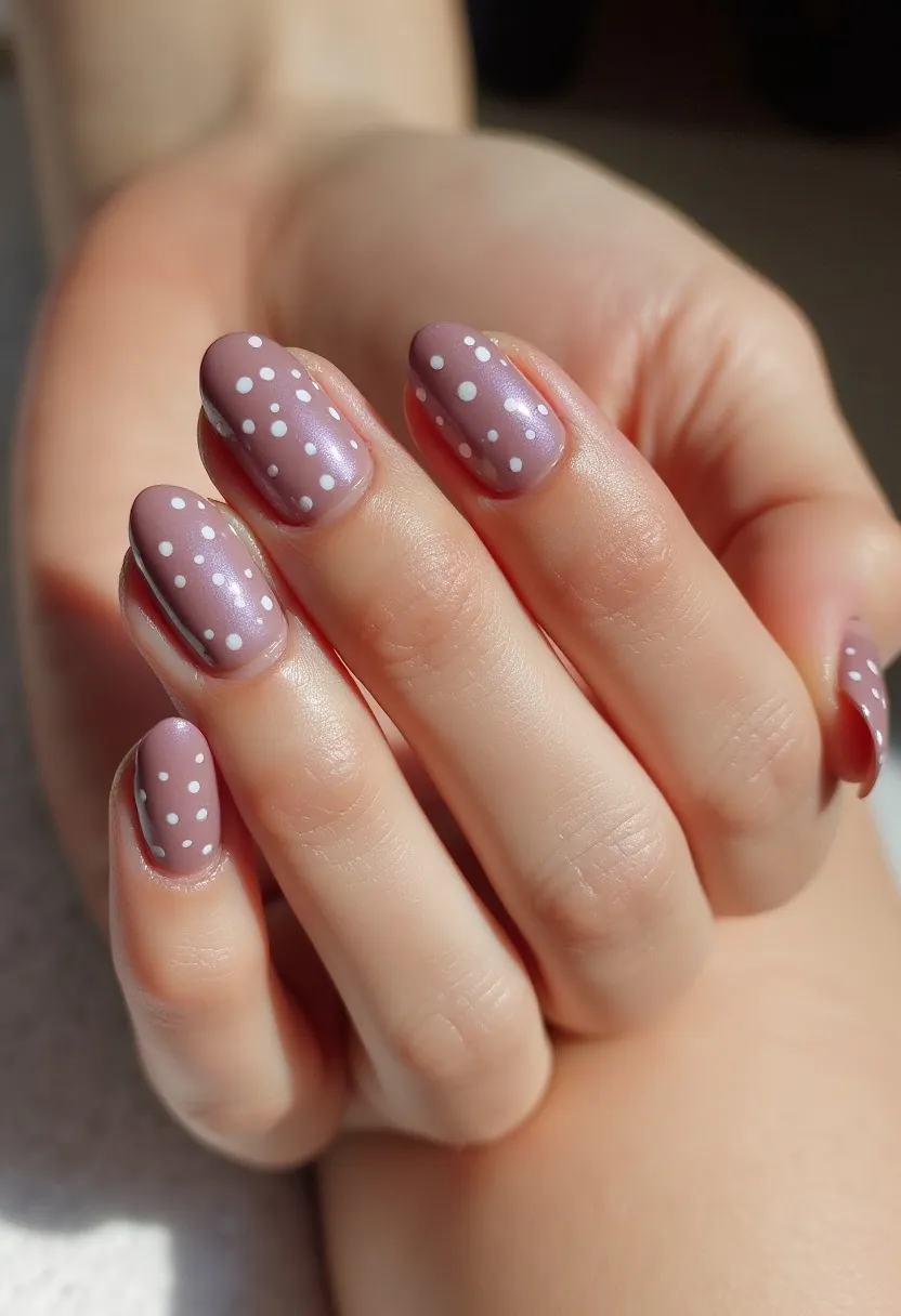 The nail design features a soft lavender color with a glossy finish, indicative of a high-shine gel or shellac treatment. The nails are shaped into a medium length almond form, which complements their elegant appearance. Each nail is adorned with white polka dots of varying sizes, creating a playful yet chic pattern. The design is consistent across all nails, suggesting a cohesive theme suitable for a variety of occasions, including casual or semi-formal events. The color palette and pattern hint at a spring or summer theme, evoking a light-hearted and whimsical vibe. This nail design strikes a balance between simplicity and sophistication, making it a versatile and attractive choice.