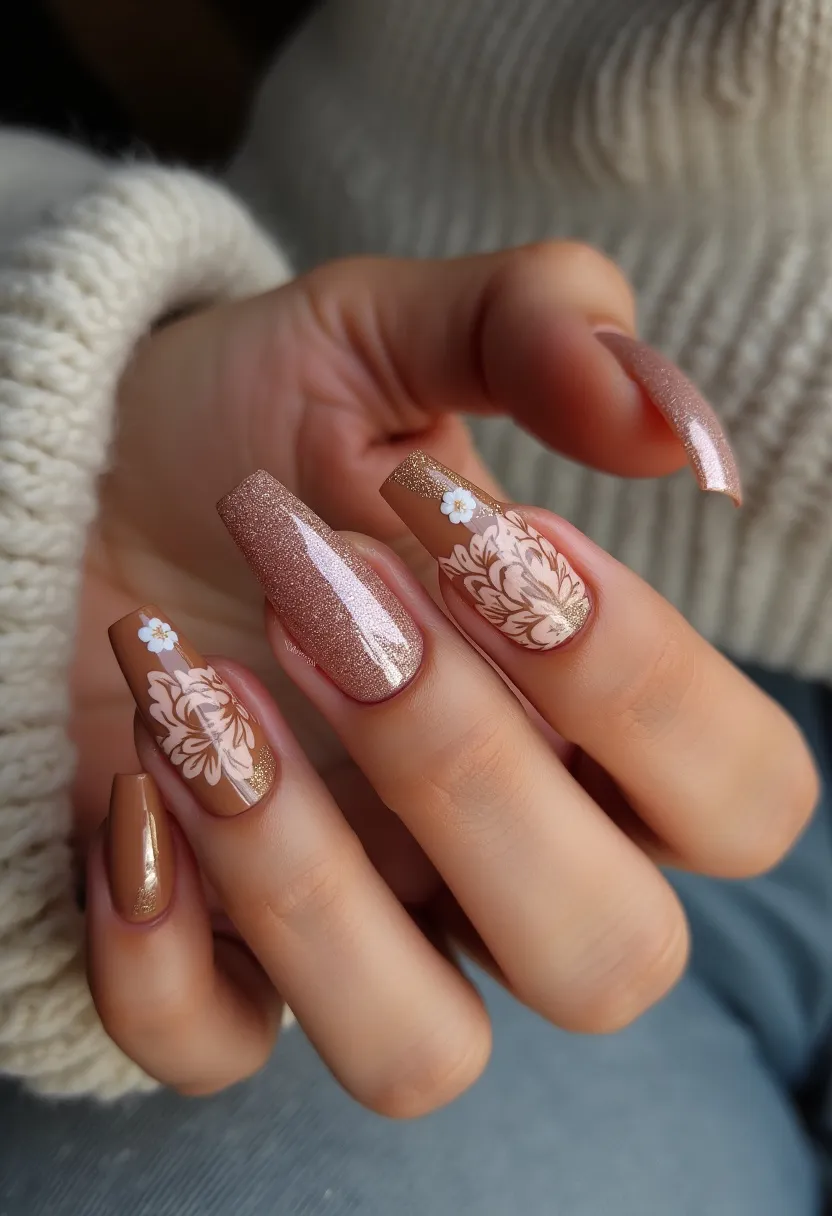 The nail design features a warm, earthy palette with hues of bronze and nude, complemented by a glossy finish that suggests a gel treatment. The nails are shaped in a long, tapered square style. Two nails showcase intricate floral patterns with delicate white petals against a nude base, accented by small three-dimensional white flowers for added texture. The remaining nails boast a shimmering bronze shade, enhancing the overall elegance. This design exudes a sophisticated, autumnal theme ideal for special occasions in the fall season, characterized by its blend of natural colors and intricate detailing.