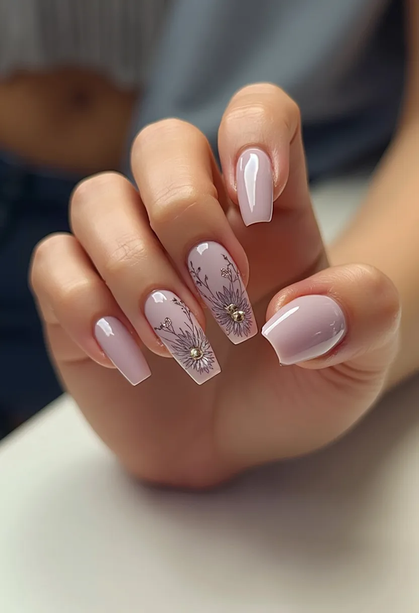 The nail design showcases a sophisticated palette of soft pink hues, perfect for a gentle and elegant look. The nails are shaped into a modern coffin style, enhancing the sleek and refined appearance. Intricate floral patterns grace the middle and ring fingers, featuring delicate linework of flowers and fine botanical details, accented with small golden studs at the center of the flowers for added glamour. The nails appear to be treated with gel, giving them a high-gloss finish and durability. This design exudes a fresh, springtime vibe, ideal for seasonal celebrations or special occasions where a touch of floral elegance is desired.