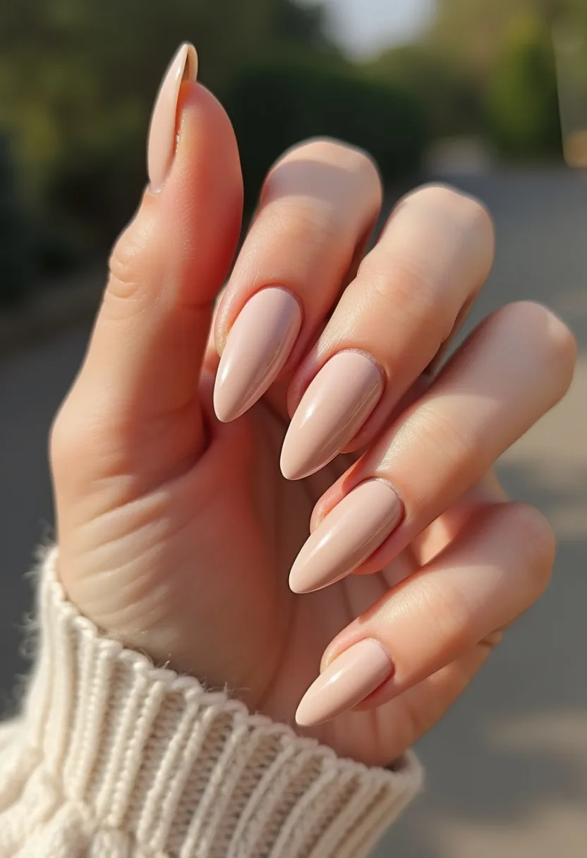 The nail design features a sophisticated and minimalist palette, predominantly using a nude or beige color that exudes elegance and versatility. The nails are shaped into a pointed, almond style, providing a chic and elongated appearance to the fingers. The finish is smooth and glossy, indicative of a high-quality gel treatment that ensures durability and a mirror-like shine. This design is simple yet refined, with no additional patterns or decorations, highlighting the natural beauty of the nails. The nude color palette is timeless, making it suitable for any season or occasion, from everyday wear to more formal events.