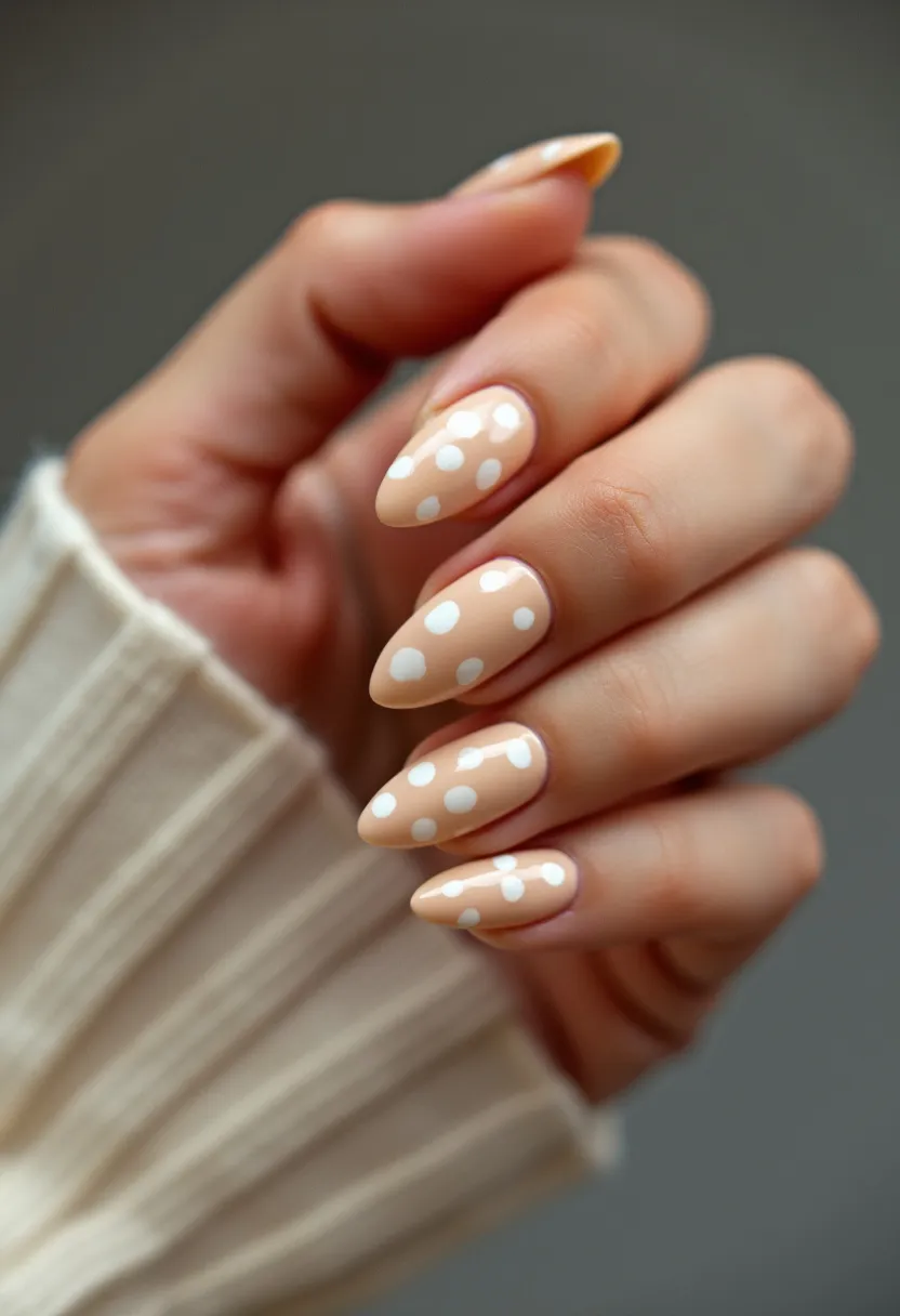 The nail design features an elegant nude color palette with white polka dot patterns on each nail. The nails are shaped into long, sharp points, commonly referred to as stiletto nails. The polish appears to have a glossy finish, indicative of a gel or shellac treatment. The polka dot design adds a playful yet sophisticated touch, making these nails suitable for various occasions ranging from casual to formal events. The simplicity of the color choice paired with the stylish polka dot pattern makes them versatile, with the design being particularly appropriate for spring or summer seasons.