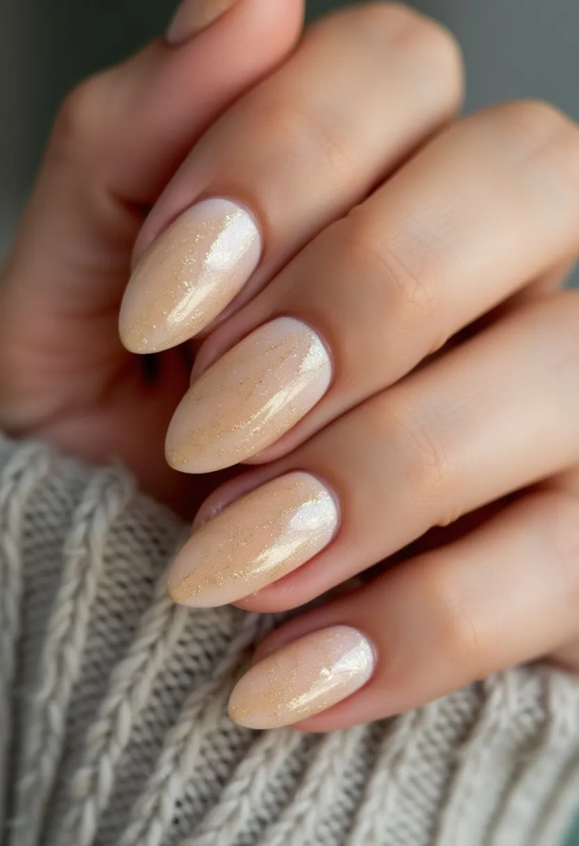 This nail design features an elegant almond shape, ideal for a sophisticated look. The color palette includes a soft, nude base with a subtle shimmer, suggesting a light, golden glitter overlay. The nails likely utilize a gel treatment, contributing to their glossy finish and durability. The delicate glitter adds a touch of refinement without overpowering the understated nude color. This design is versatile enough for everyday wear but could also fit perfectly for modest seasonal themes like winter or for special occasions where a touch of sparkle is desired. The simplicity combined with a gentle shimmer makes it a timeless and chic nail design.