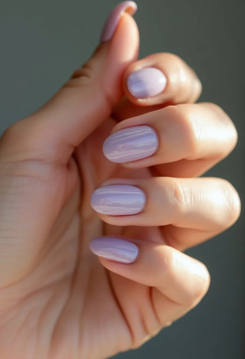 The nail design features a soft, pastel lavender color palette that covers the entirety of the nails. The shape of the nails is short to medium-length and rounded, offering a simple and elegant look. The nails have a smooth and glossy finish, indicating the possible use of gel or shellac treatment, providing a durable and high-shine result. This design does not include any intricate patterns or decorations, maintaining a minimalist aesthetic. The lavender hue is subtle and versatile, making it suitable for various seasons or special occasions like spring events or casual gatherings. The overall appearance is clean and polished, exuding a sense of understated sophistication.