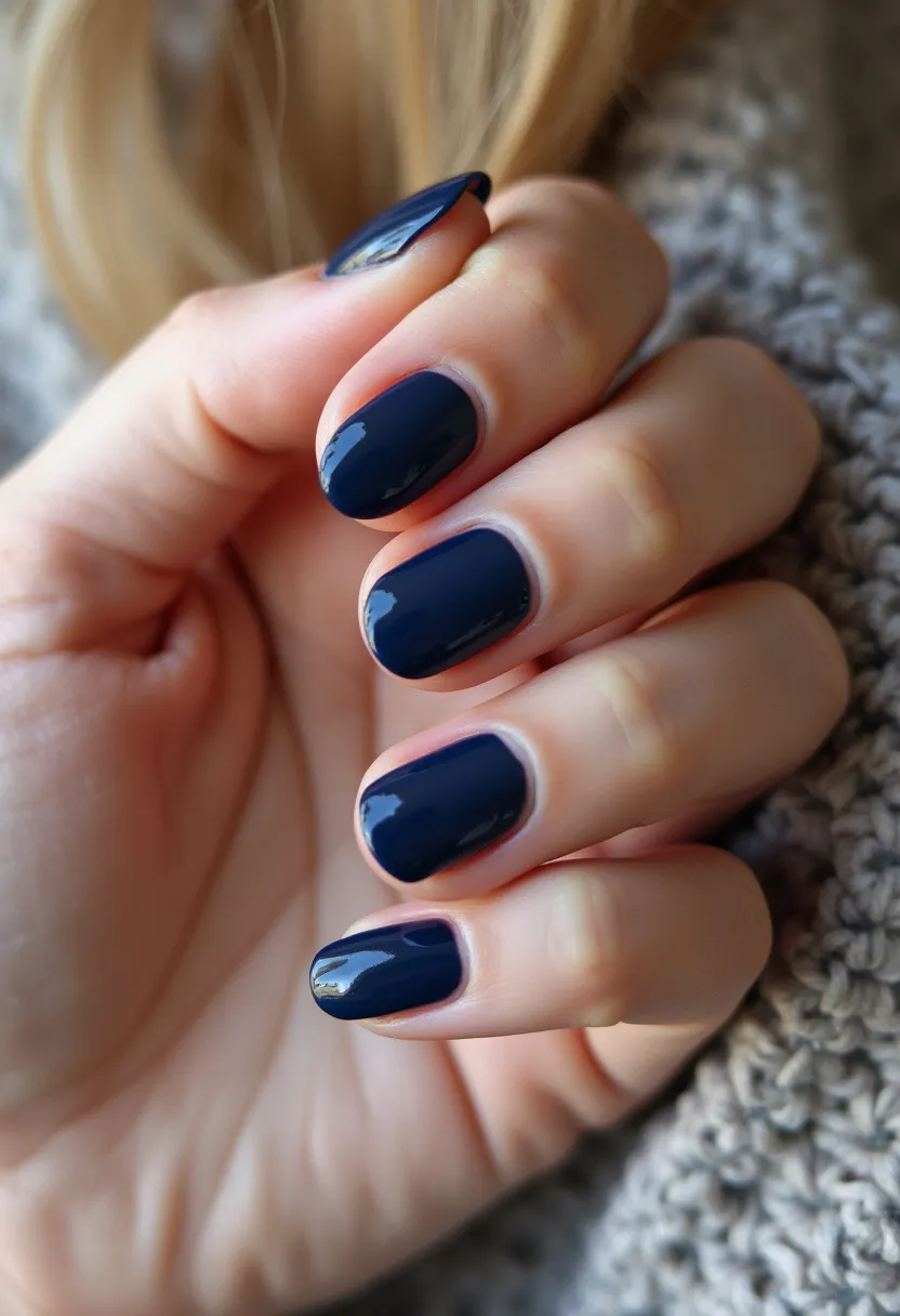 This nail design features a sleek and sophisticated look with a deep navy blue color palette. The nails are shaped in a short, rounded style, providing a classic and elegant appearance. The finish on the nails is shiny and smooth, typical of a gel polish treatment. The design lacks intricate patterns or decorations, relying on the rich, glossy color to make a statement. This minimalist and versatile style could be suitable for various occasions, from professional settings to evening events, and even as a chic choice for the fall and winter seasons.