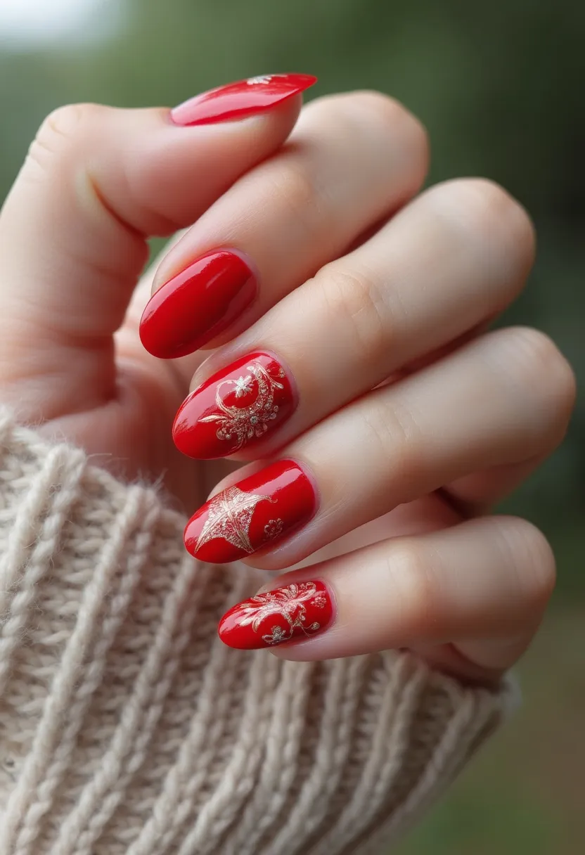 The nail design features a bold, vibrant red color palette that covers the entirety of the nails, indicative of a gel or shellac treatment due to its glossy finish. The nails are medium length with a rounded almond shape, adding a touch of sophistication. Intricate gold patterns adorn several nails, including delicate floral motifs and ornate designs, adding a luxurious and festive touch to the overall look. These decorative elements suggest a seasonal or celebratory theme, possibly suitable for holiday occasions. The combination of the rich red base and intricate gold details creates an elegant and striking manicure perfect for special events.