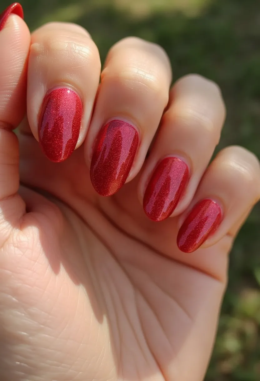 The nail design features an elegant color palette dominated by a rich, shimmering red with fine glitters. The nails are shaped into an almond tip, providing a classy and sophisticated appearance. The design does not feature intricate patterns or decorations but relies on the lustrous quality of the polish itself, which appears to be a gel treatment, giving the nails a smooth and glossy finish. This vibrant and festive red makes it suitable for holiday seasons such as Christmas or special occasions like Valentine's Day, capturing a glamorous and celebratory vibe.