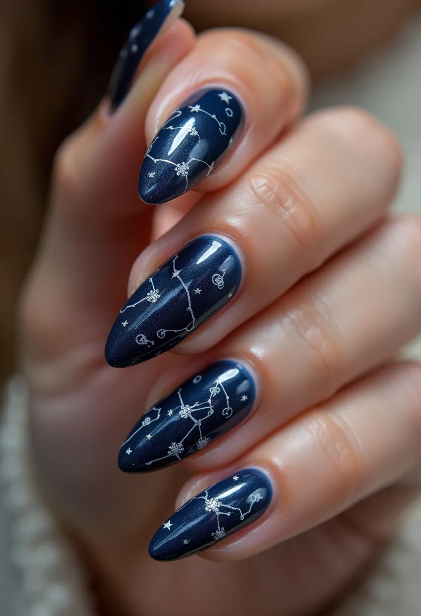 The nail design features a dark, navy blue color palette with a glossy finish, suggesting a gel or shellac treatment for its smooth and lustrous appearance. The nails are almond-shaped, providing an elegant and elongated look to the fingers. Intricate patterns of white star constellations adorn each nail, adding a celestial theme with small stars and connecting lines representing the constellations. The detailed and delicate art highlights a cosmic or astrological theme, making it suitable for a nighttime or starry-themed event. The overall design is sophisticated, with a mix of a dark, bold base color and finely detailed white patterns, creating a striking contrast.