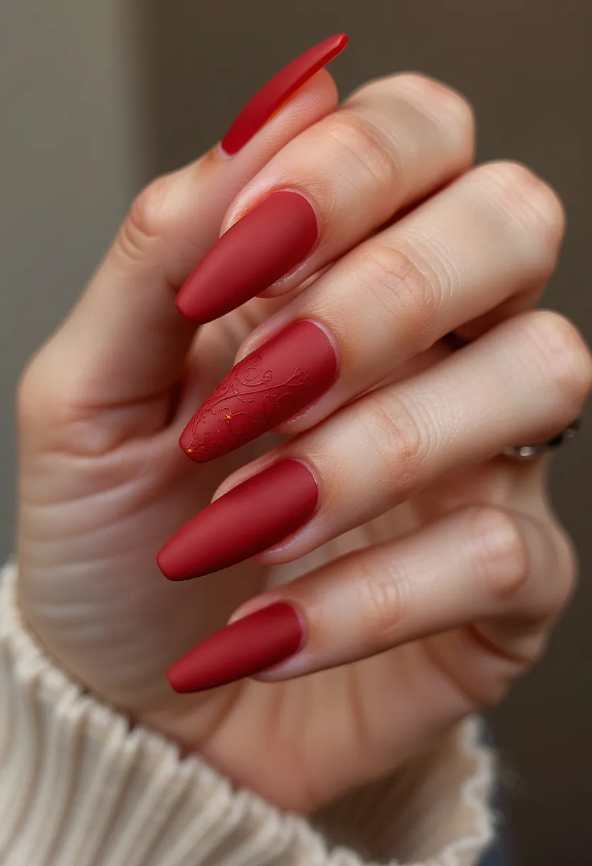 The nail design features a sophisticated matte red color palette encompassing all the nails uniformly. Each nail is shaped in a long, almond design, extending gracefully with smooth, rounded tips. Notably, one nail showcases a subtle yet intricate pattern with delicate swirls and tiny embellishments enhancing its elegance. This pattern adds a distinct texture and visual interest while maintaining the sophisticated matte finish. The nails appear to be covered with gel polish, providing a sleek and refined appearance. The overall aesthetic evokes a timeless and classy feel, making it suitable for special occasions or a chic seasonal look, particularly elegant for autumn or winter.