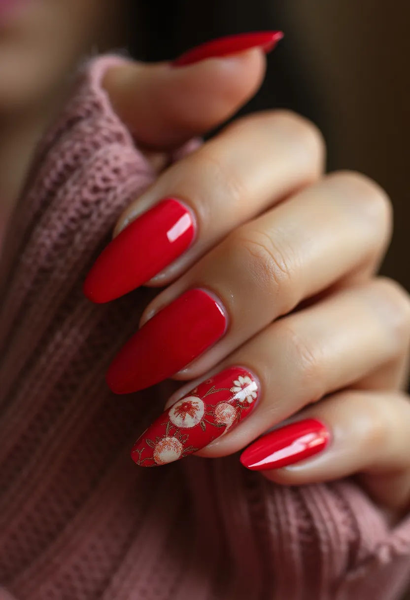 The nails are painted in a vibrant red color, showcasing an almond shape that is both elegant and trendy. The design features a striking floral pattern on the ring finger, adorned with delicate white flowers and intricate gold details, adding a sophisticated touch to the overall look. The nails appear to have a glossy finish, possibly achieved through a gel nail treatment, which enhances their shine and durability. This nail art exudes a festive or celebratory vibe, making it suitable for special occasions or holiday seasons. The combination of the classic red color and the artistic floral embellishments presents a chic and polished appearance.