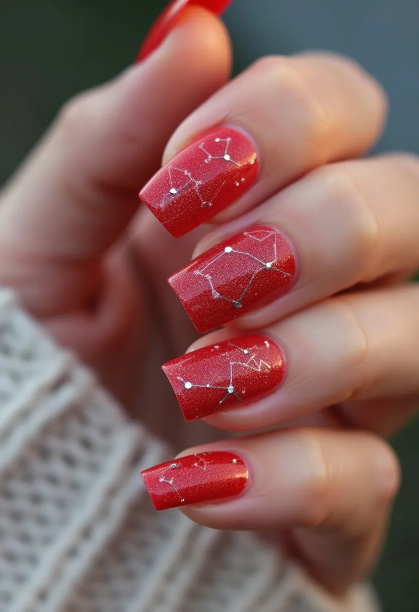 This nail design features a vibrant red palette, applied in what looks like a gel treatment given the glossy finish and smooth texture. The nails are shaped in a square style with a moderately long length. The design is adorned with intricate white constellation patterns, adding a delicate and detailed touch to the overall look. Small white dots are placed to represent stars, connected by fine lines to form recognizable star patterns, adding a touch of celestial beauty to the manicure. This design could be ideal for those who love astronomy or want a unique and eye-catching look for a special occasion or seasonal event, potentially a winter theme given the starry night inspiration.