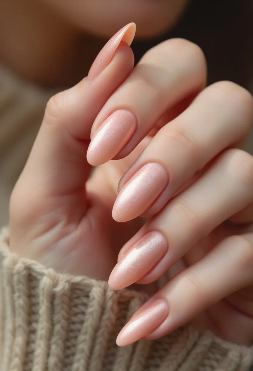 This nail design features an elegant and subtle look with a soft, pearlescent pink color palette. The nails are well-manicured and shaped into a long, almond shape, giving them a sophisticated appearance. The pearlescent finish adds a delicate shimmer, enhancing the overall aesthetic without any intricate patterns or decorations. The treatment appears to be gel, providing a highly glossy and smooth texture. This classy design is versatile and suitable for a variety of occasions, from everyday wear to special events, and is particularly fitting for spring or summer seasons because of its light and airy color.